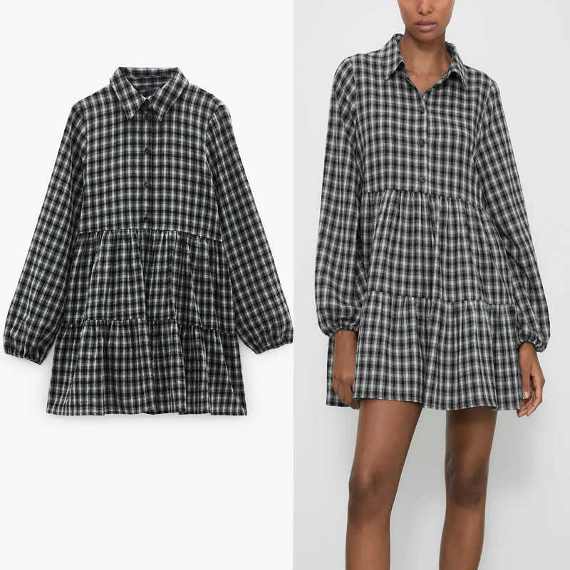 

Za Check Shirt Dress Women Long Sleeve Elegant Ruffle Hem Short Gray Dresses Woman Chic Front Button Plaid Casual Dress 210602