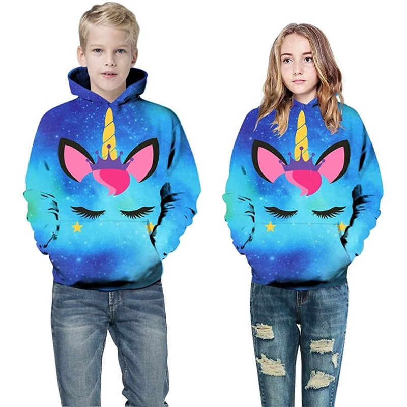 

Unicorn handsome novelty hoodie boys and girls 3D printing pullover hooded sweater with pocket 100-160, Black