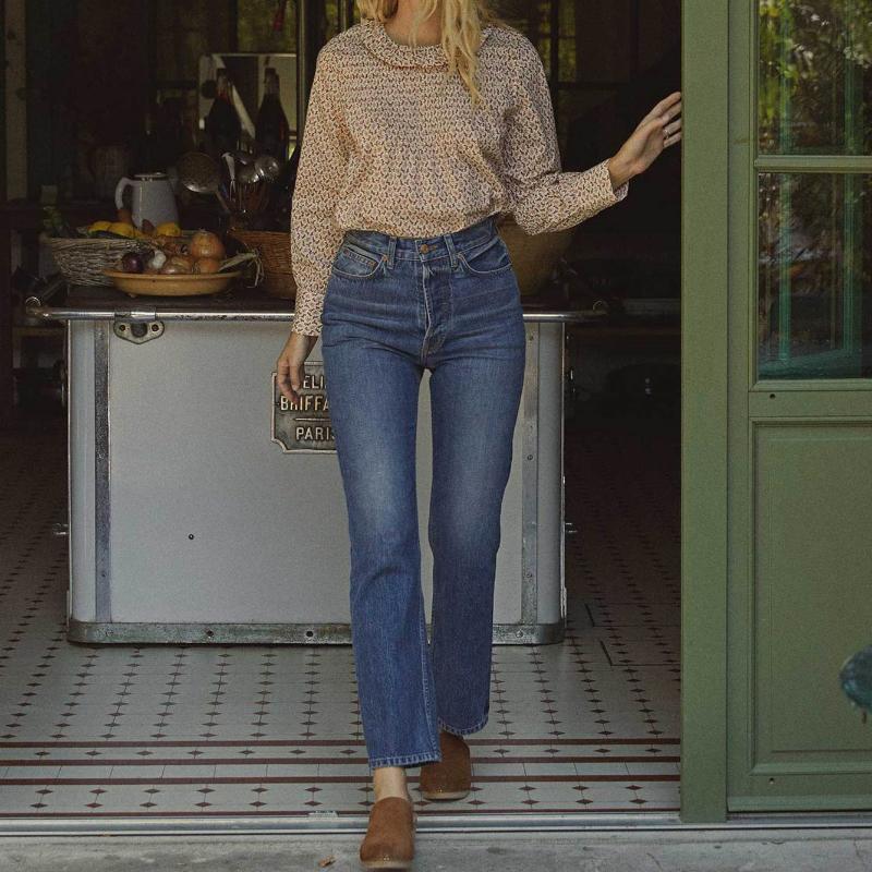 

Women's Jeans 2022 Women Retro Blue Denim Pants Mid-High-Waist Straight Casual Spring Simple Female Slim With Pockets
