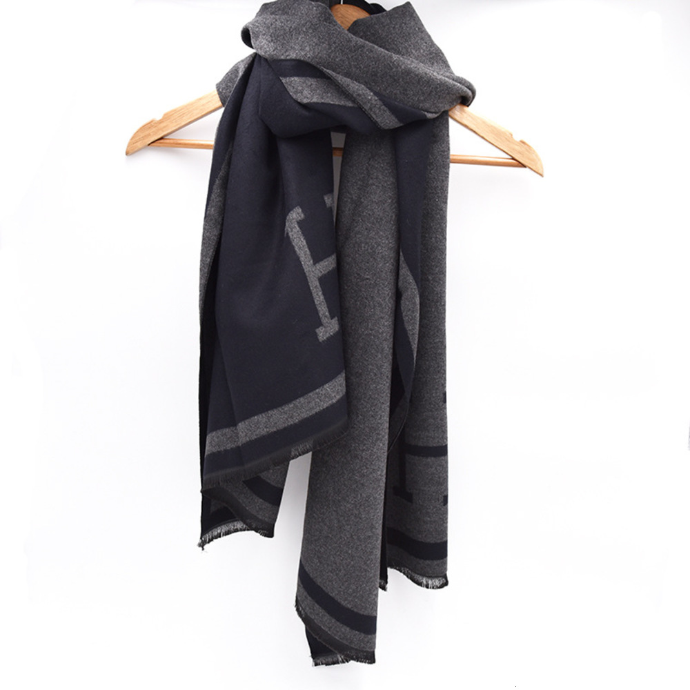 

Autumn and winter 2020 new Korean high-end double-sided H letter cashmere tassel like scarf women's thickened thermal shawl, Blue;gray