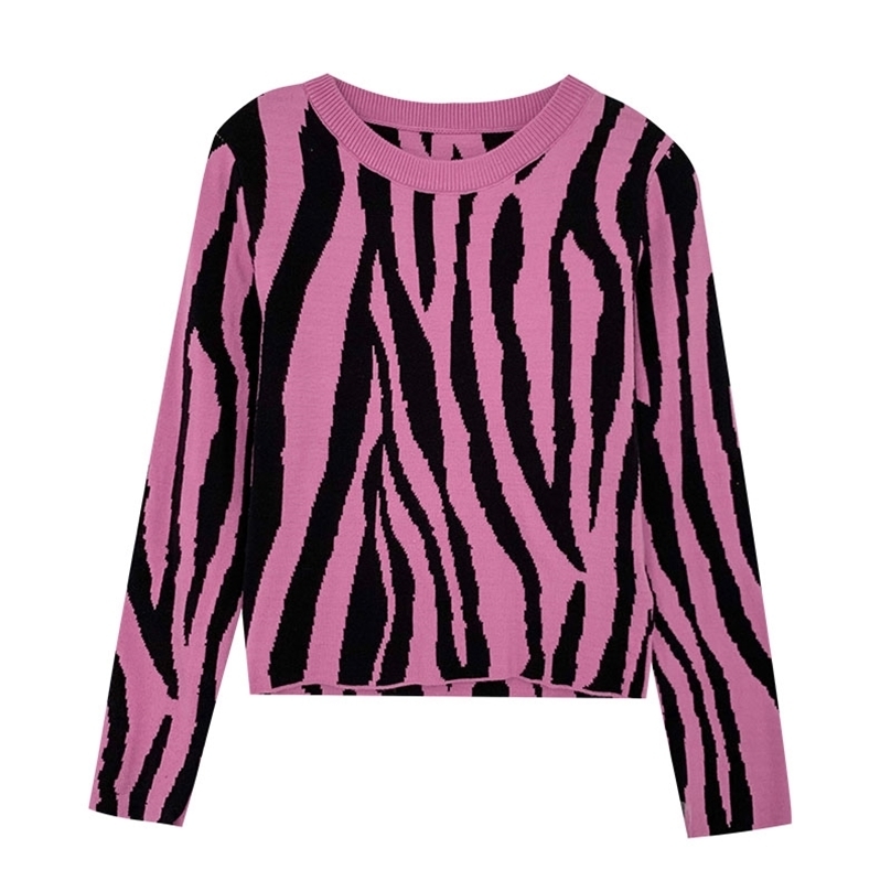 

Women Vintage Print Cropped Sweater Fashion Spring Autumn Long Sleeve Short Pullover Top Korean Style Leopard Knit Sweaters 210525, Red