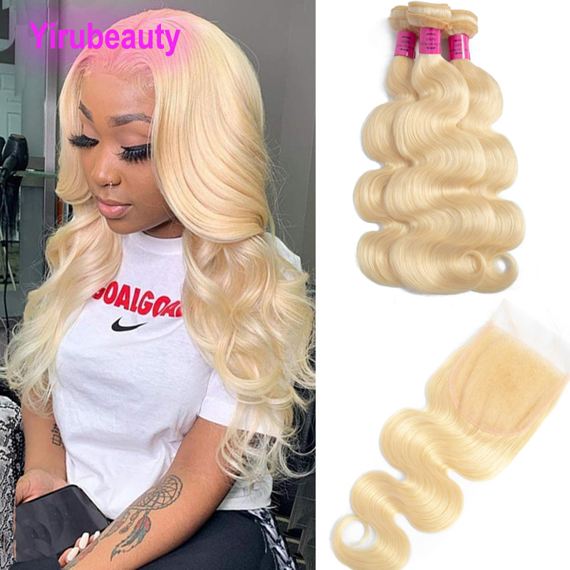 

Peruvian Human Hair Extensions Body Wave Three Bundles With 4X4 Lace Closures Free Middle 3 Part 613# 4pcs Yirubeauty, Blonde