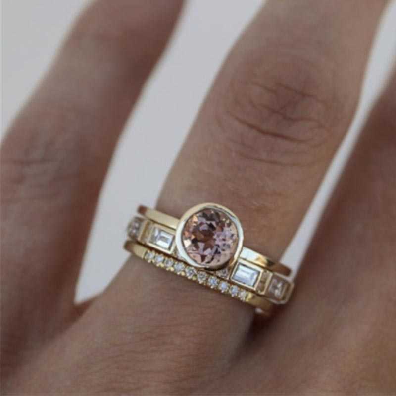 

3pcs Pink Crystal Rings for Women Fashion Yellow Gold Color Wedding Women's Ring 2021 Luxury Brand Jewelry Gifts Accessories P0818