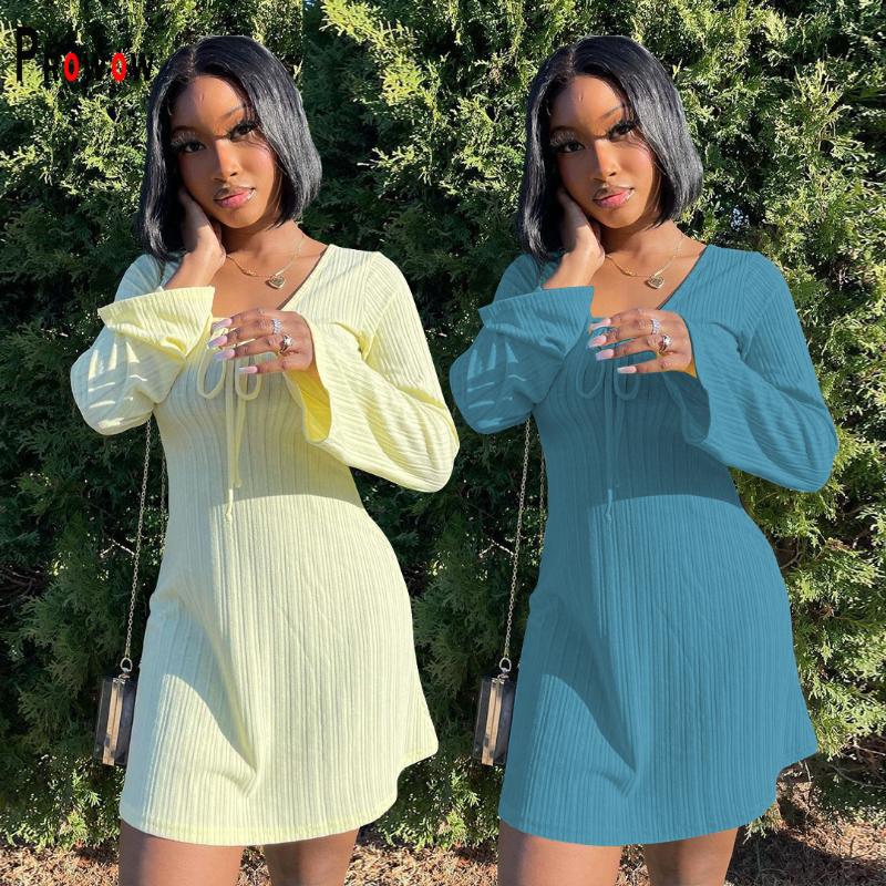 

Casual Dresses Prowow Long Sleeve Women Dress Solid Color Ribbed Summer Fall Mini For Office Lady 2021 Female Streetwear, Blue
