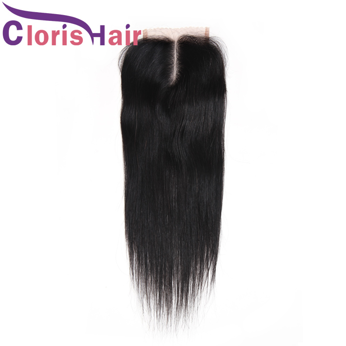 

4x4 Silk Straight Half Hand Tied Malaysian Virgin Human Hair Top Closures Piece 130% Density Middle Part Body Wave Swiss Lace Closure, Natural black