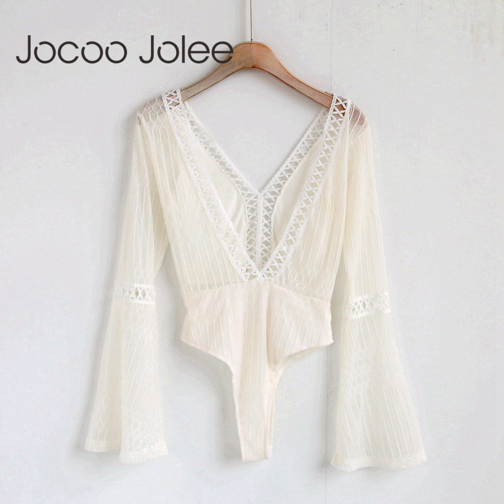 

2021 New Summer Lace Bodysuit Women Sexy Deep V-neck Flare Playsuit Rompers Ladies Backless Long Sleeve Hollow Out Overalls Sjpi, Beige