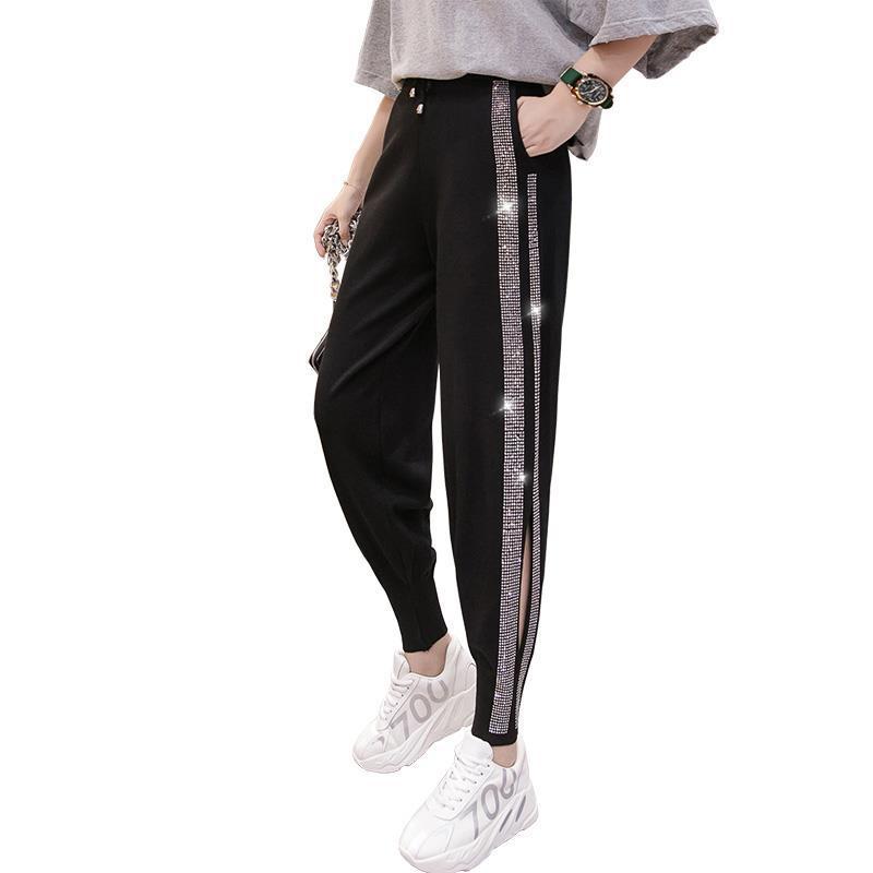 

2021 New Hot Summer Drilling Harem Pantalon Femme Hollow Hiphop Casual Pants Bright Korean Pencil Jogger Pant Iskm, Black