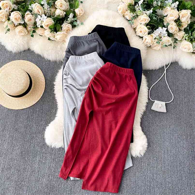 

Solid Wrinkled Pleated High Waist Midi Skirt Women Slim Fit Sexy Split Casual Streetwear Lady Elegant 210603, Dark gray