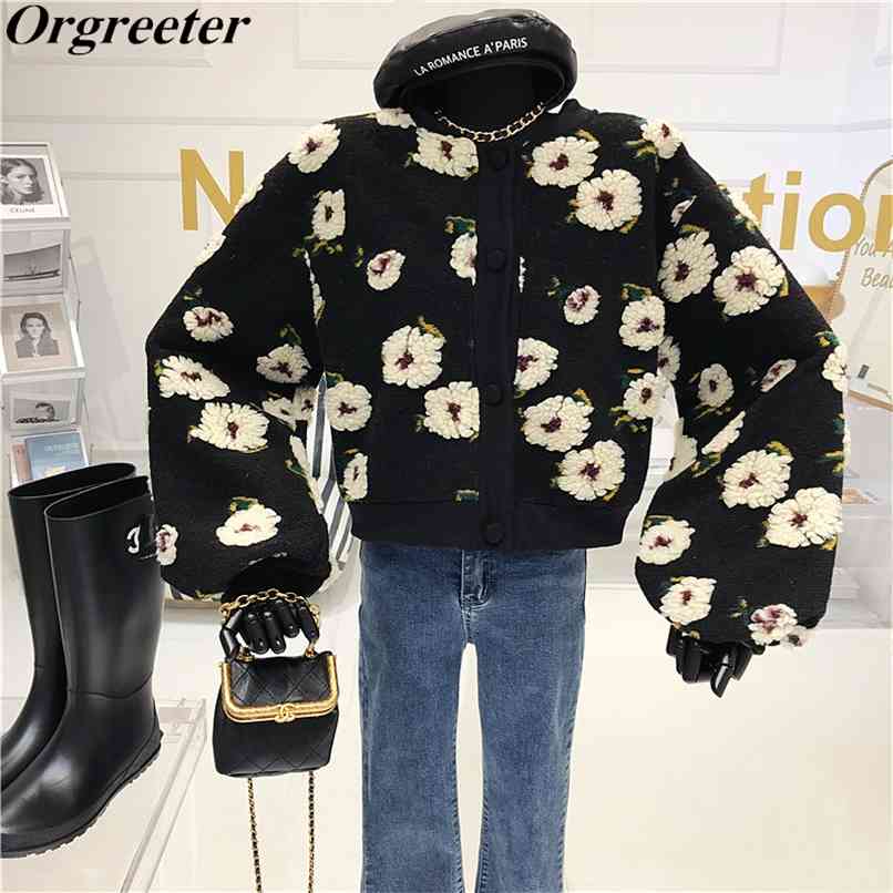 

Sweet Retro Three-dimensional Flower Appliques Short Coat Female Spring Fall High Quality Patchwork Baseball collar Outwear 210602, Black
