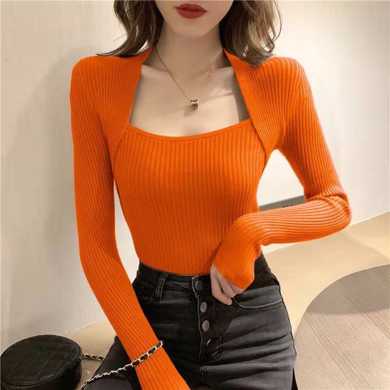 

Spring Autumn Long Sleeve Womens Knitwear Pullovers Sexy Square Collar All-Match Top Casual Full Color Slim Ladies Sweater, White