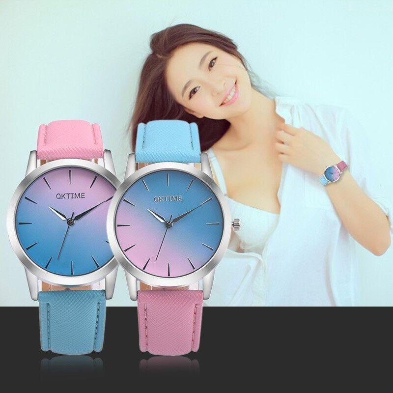 

Wristwatches Retro Rainbow Design Women's Fashion Quartz Wrist Watches Leather Band Female Analog Alloy Women Dress Zegarek Damski, Blue