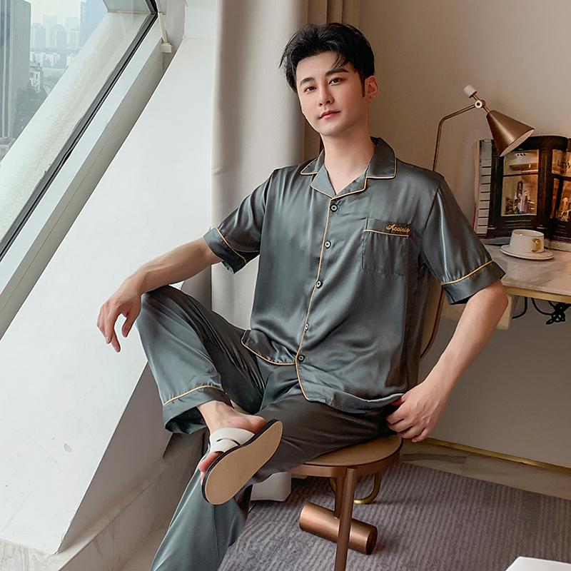 

Men's Sleepwear Autumn Pajamas Set Elastic Waist Men Good Quality Silk Short Sleeve Print Top &Long Pant Pijama Mujer, X hs 583-1