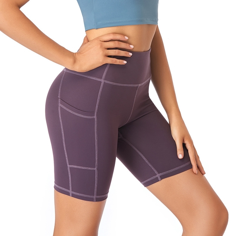 New yoga pants women&#039;s side pocket tights High Waist Stretch running sports fitness shorts-image-702436843