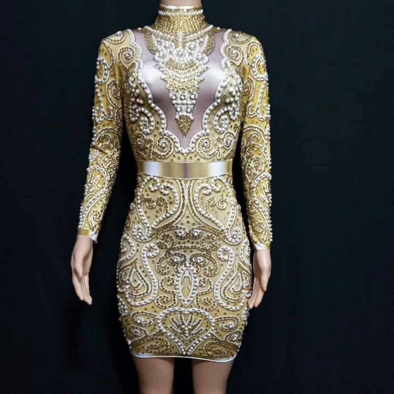 

2021 New Gold/gray Sexy Prom Short Full Beads Long Sleeves See Through Mini Formal Party Evening Gowns Robe De Soiree Oq6n
