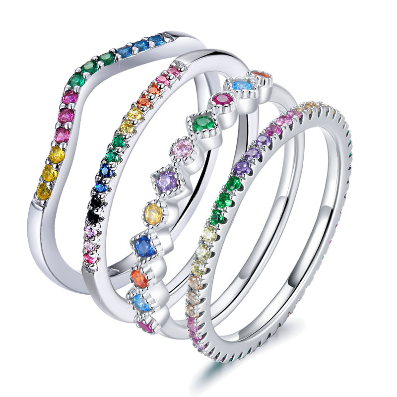 

Rainbow Color Finger Rings for Women Stackable Wedding Statement Authentic Sterling Silver 925 Jewelry, Golden;silver