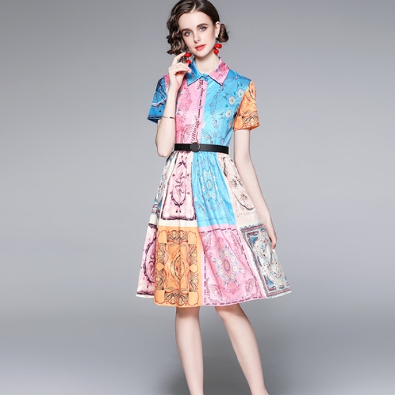 

Designer Runway Vintage Print Summer Shirt Dress Women Lapel Short Sleeve Elegant Vacation Beach Dresses Vestidos 210526, Photo color