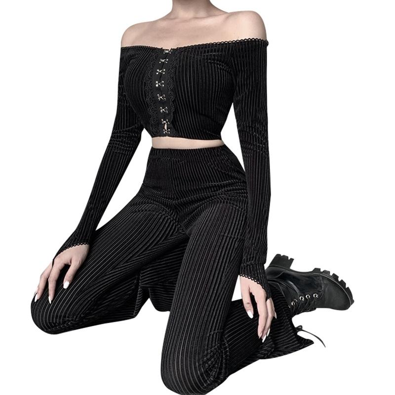 

Women's Pants & Capris Women Dark Gothic Punk High Waist Flare Harajuku Ribbed Velvet Black Wide Leg Bell Bottom Trousers Slim Fit Vintage 1, Black;white