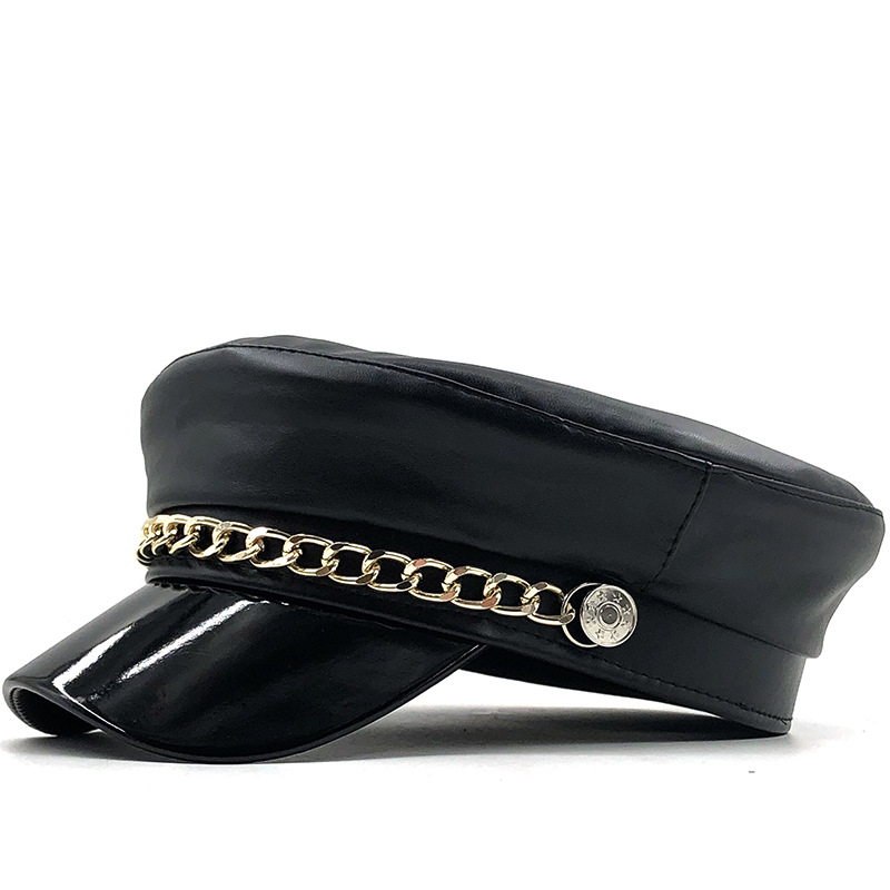 

Korean Style Metal Buckle Woolen Octagonal Hat Fashion All-Match Leather PU Navy Autumn and Winter Outdoor Beret, Black