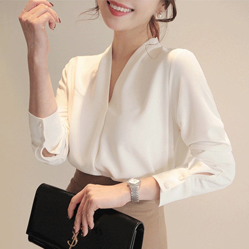 

2021 New Shirts Long Sleeve Solid White Chiffon Blouse Women Clothes Womens Tops and Blouses Blusas Office Lady V-neck Bss7, Gray