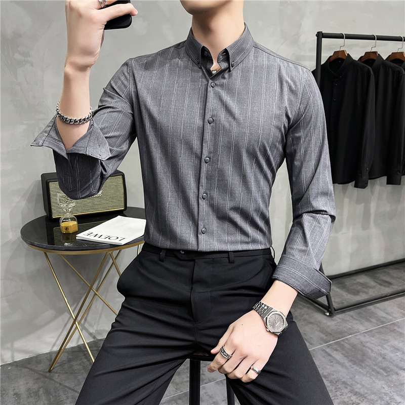 

2021 New Estilo Britnico 4xl-m Manga Longa Camisas Listradas Dos Homens Mais Tamanho Simples Negcios Formal Wear Fino Ajuste Casual Escritri, Gray