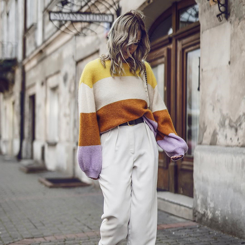 

2021 New Women Casual Contrast Color Lantern Sweater Long Sleeve o Neck Knitted Pullovers Autumn Winter Loose Warm Jumpers Cpny, As picture