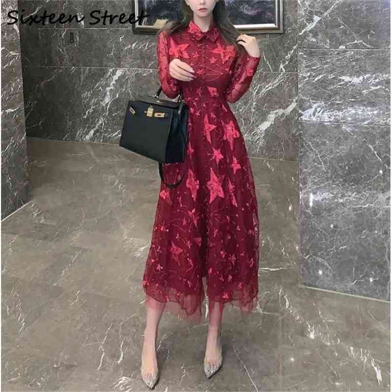 

Burgundy Embroidery Sequins Dress Woman Long Sleeve High Waist Sexy Vintage Clothing Female Dresses Single-breasted 210603