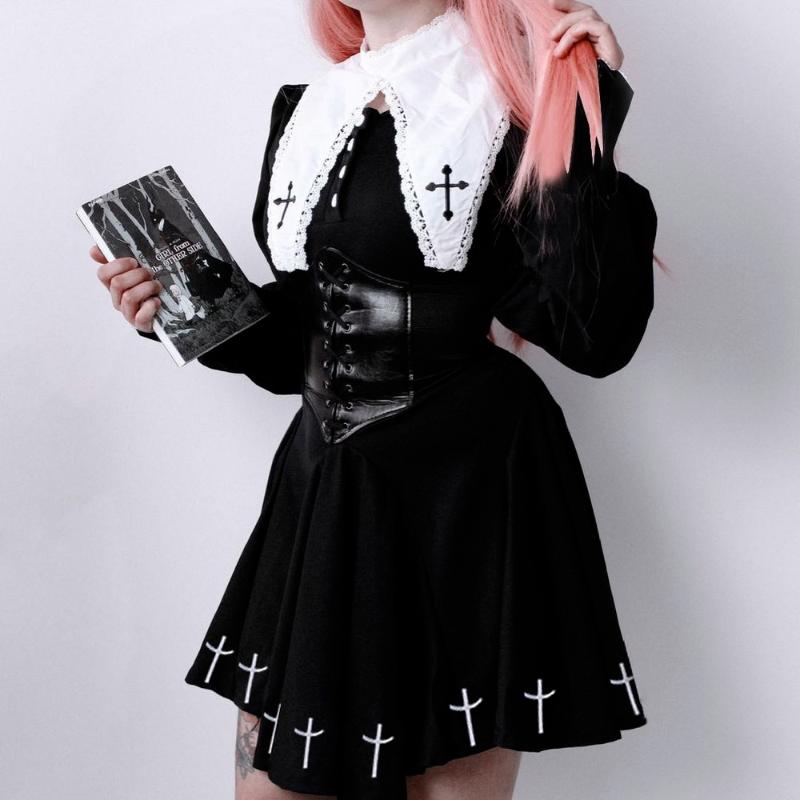 

Casual Dresses Fairy Grunge Black Vintage Dress Harajuku Goth Punk Cross Print Preppy High Waist Mini E Girl Cosplay