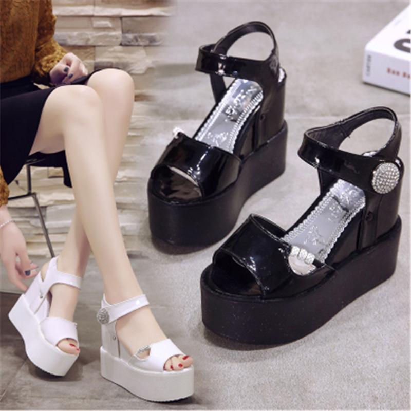 

Slope Heel Thick Sole Sandals Women's 2021 Summer 12CM Super High Heels With Increased Muffin Water Drill Fish Mouth Shoe, Black