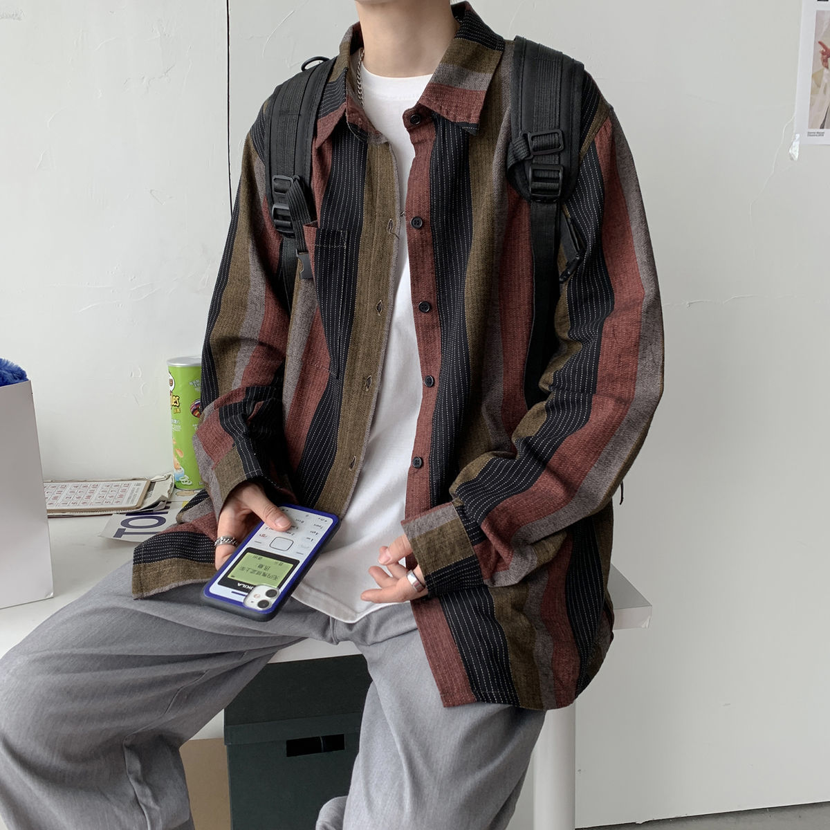 

New 2021 Men's Stripe Printing Loose Hawaiian Shirt Fashion Cotton Camisa Masculina Streetwear Clothes French Cuff Shirts M-5xl Prkl, Red