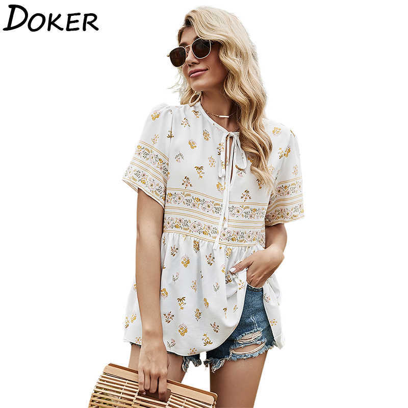 

Women Print Short Sleeve T Shirt Summer Vintage Folds O-neck Bandage Tee Loose Plus Size Tops Female 210604, White