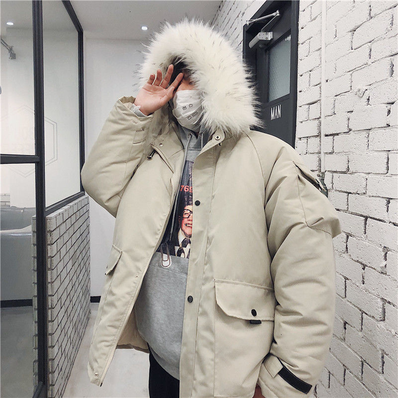 

2021 New Winter Men's Warm Fashion Fur Collar Hooded Short Coat Men Parka Streetwear Loose Thick Jacket Mens Cotton Clothes S-2xl 1pgv, Beige