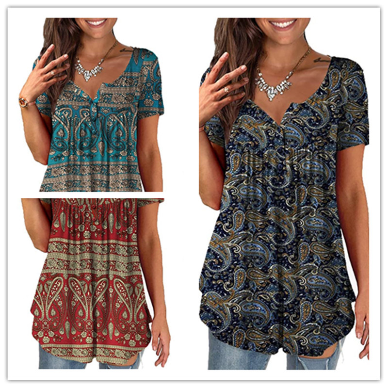 

2021 European and American Summer T-shirt Women's Fashion Digital Printing Loose V-neck Short Sleeve Top, As pic
