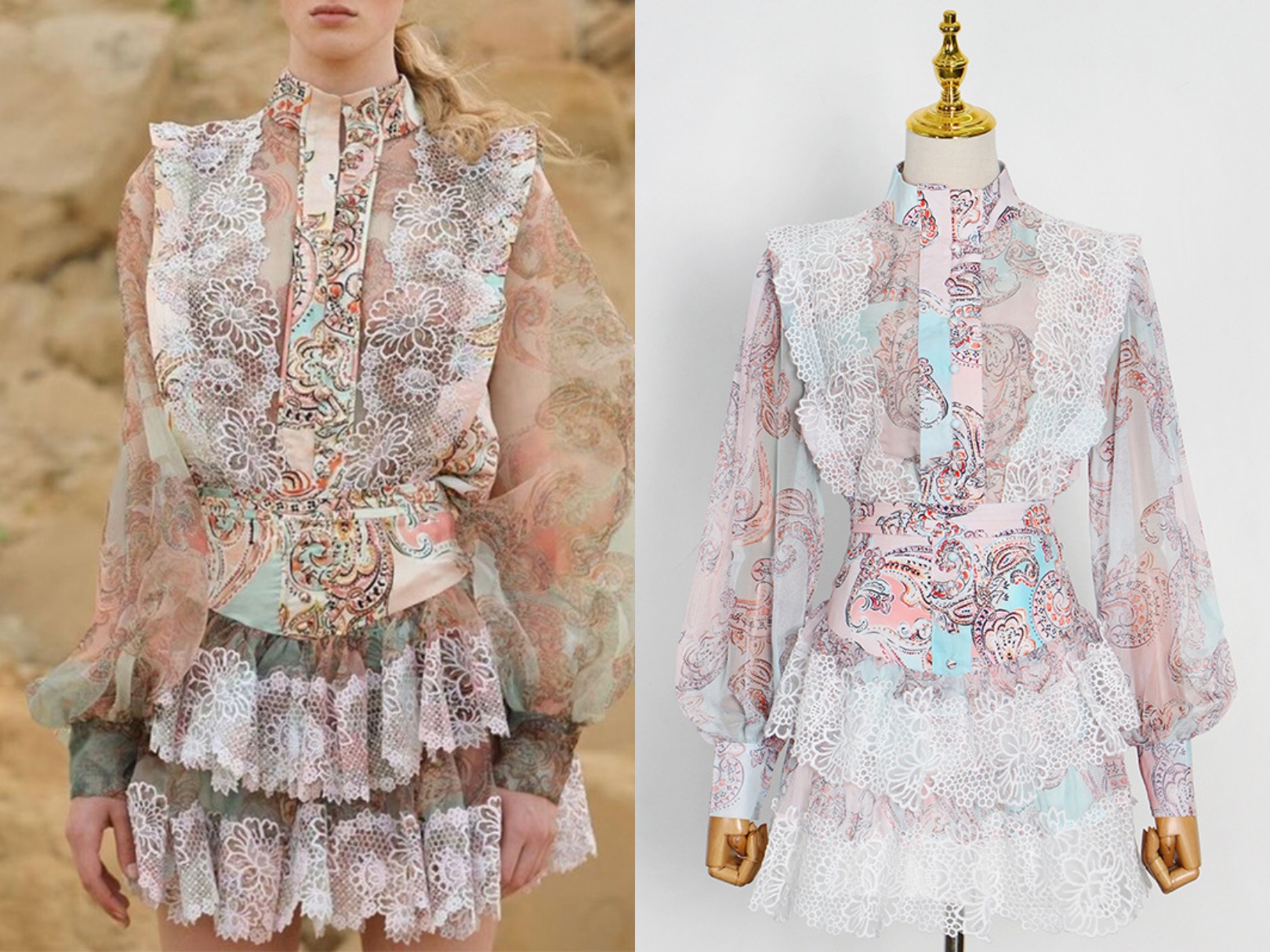 

Australia zimm stand collar lantern sleeve printed shirt + lace stitching cake half skirt suit, As picture