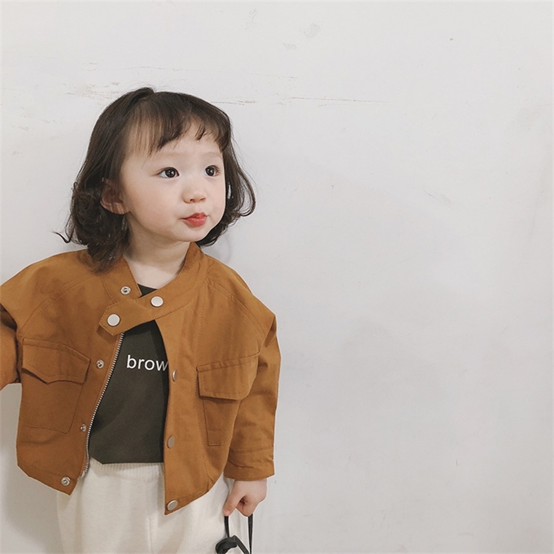 

Korean style Spring fashion girls Standing collar short jackets kids children all-match casual outwear girl coats 210708, Caramel