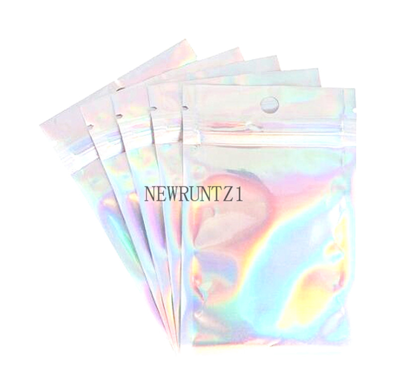 

2021r Holographic Color Multiple Size Smell Proof Bags 100 pieces Resealable Mylar Bags Clear Zip Lock Food Candy Storage Packing Bags