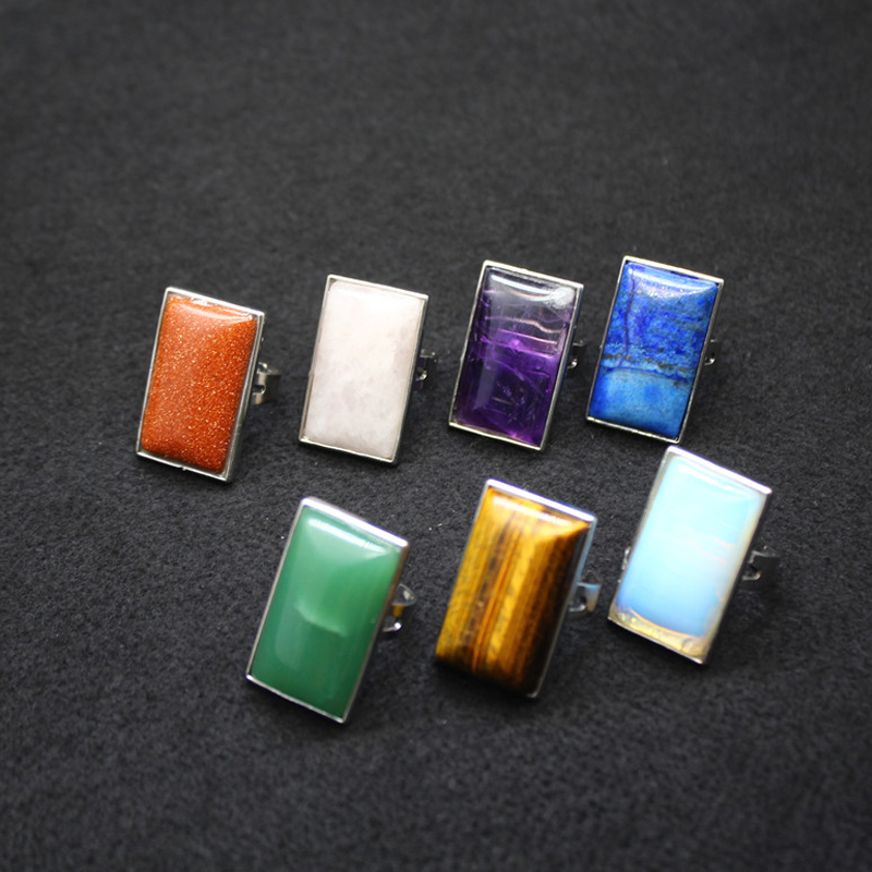 

Rectangle Natural Stones Finger Rings Tiger Eye Purple Crystal Pink Quartz Women Adjustable Ring for Statement Jewelry Healing