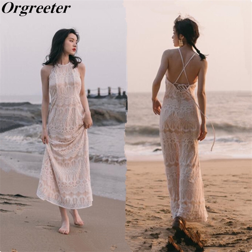 

Sexy Holiday Summer Lace Embroidery Dress Women's Sleeveless Halter Backless Lace-Up Beach Bohemian Dresses 210602, White