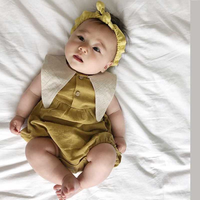 

Summer Baby Bodysuits Crawling Clothes Baby Lovely Big Collar Loose Butt-wrapped Jumpsuit With Hair Strap 210701, Beige