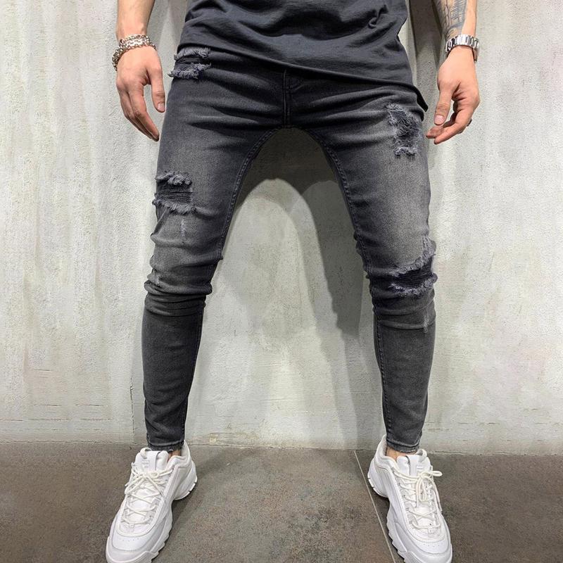 

Men's Jeans Ripped Korean Style Self-cultivation Casual Fashion Washed Distressed High-quality Thin Breathable Trousers 2021, Black