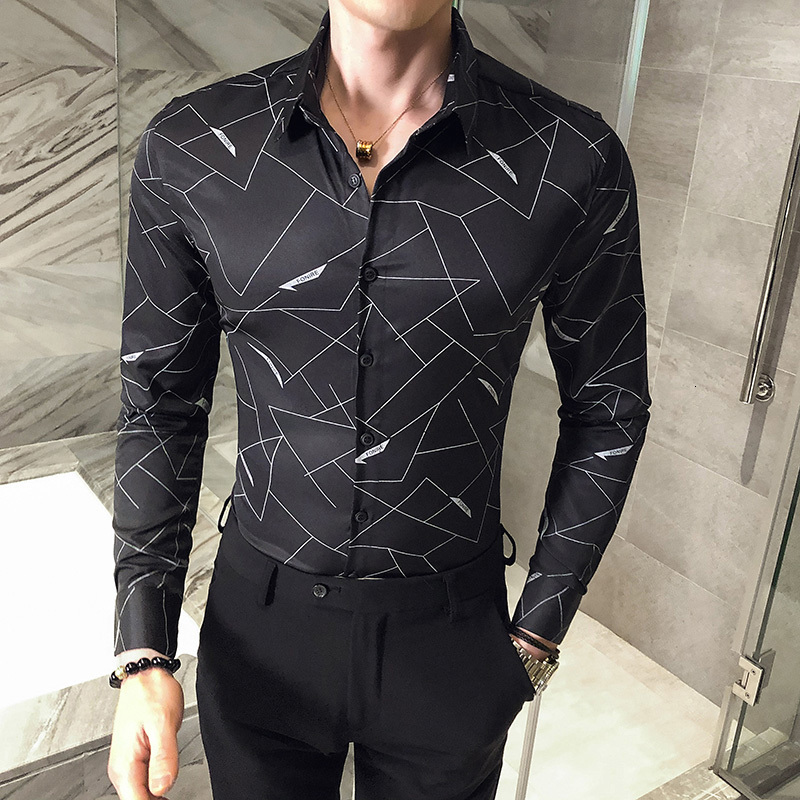 

New Preto/branco 2021 Nova Primavera Camisas Dos Homens De Manga Longa Moda Impresso Digital Magro Ajuste Clube Vestido Formal Usar Blusa Ab, White
