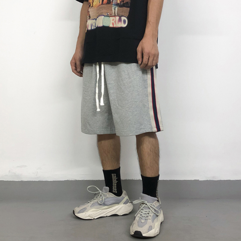 

2021 New Harajuku Side Striped Terry Drawstring Casual Shorts Mens High Street Straight Oversize Summer Knee Length Pants 3err, Black