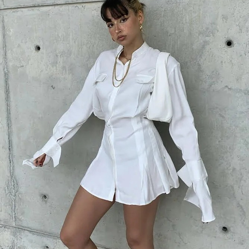 

Spring Arrivals Solid Color Round Collar Long Sleeve Single Breasted Collect Waist Dress MZ565 210525, White