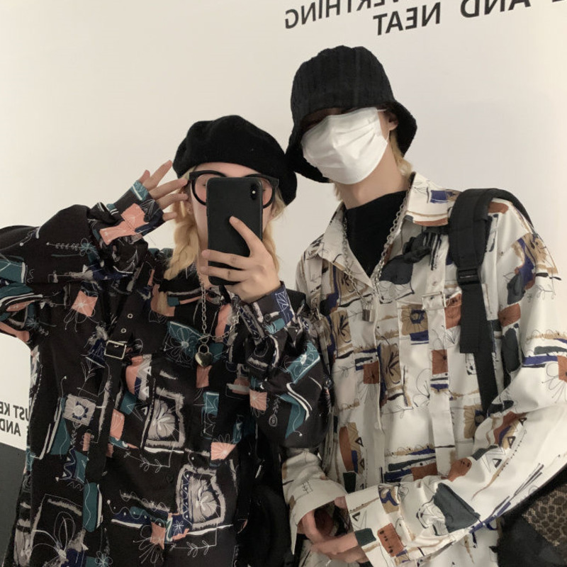 

New 2021 Men's Fashions Long Sleeve Impression Hawaiian Social Shirt French Male Cuff Jacket Streetwear Shirts Sixy, Apricot.
