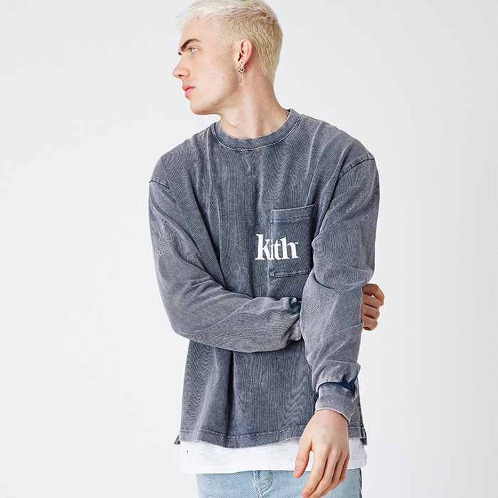 

Defans21ss kith washable batik used pocket long sleeve solid round neck beauty trend loose bottomed T-shirt for men, White;black