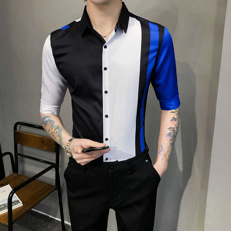 

Summer Patchwork Shirt Men Slim Fit Half Sleeve Casual Shirt Fashion Business Streetwear Social Party Blouse Chemise Homme 210527, Black white