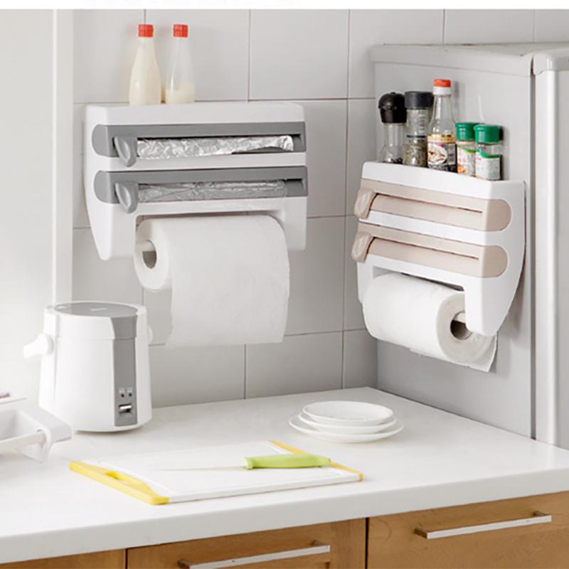

Mulifunction Kitchen Cling Film Sauce Bottle Storage Rack Paper Towel Holder Rack Wall Roll Paper Hanging Aluminium Foil Hook