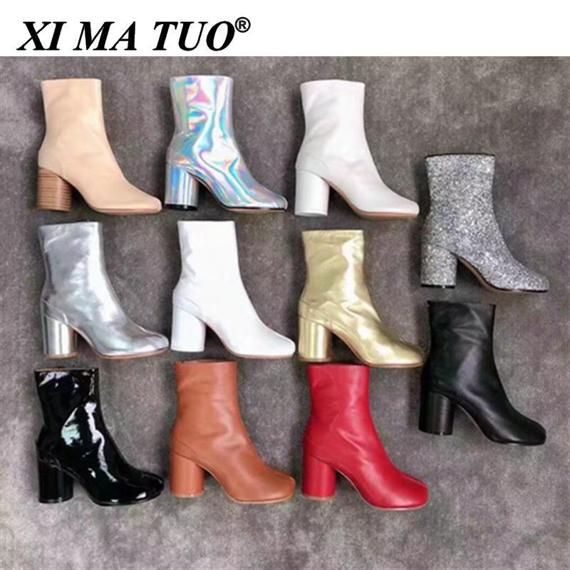

Boots Split Toe Women Real Leather Ninja Tabi Genuine Chunky Heel Ankle Boot Cow Woman High Heels Shoes, Black