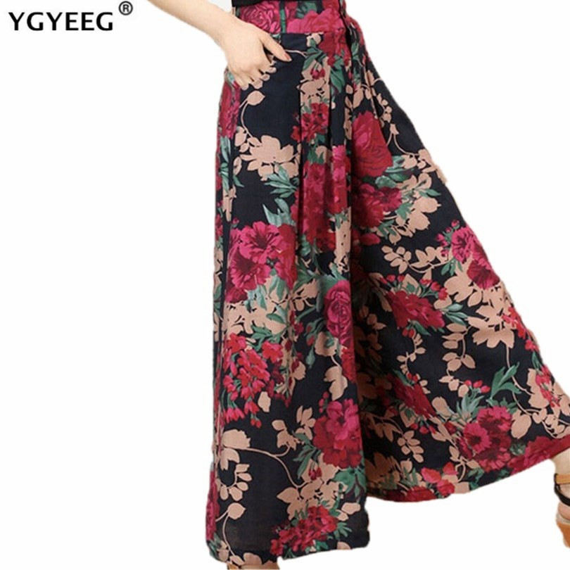 

YGYEEG New Feminina Summer Wide Leg Pant Flower Pant Broeken Woman Linen Female Capris Pattern Skirt Trousers Women Culottes Y200114, Underglaze porcelain
