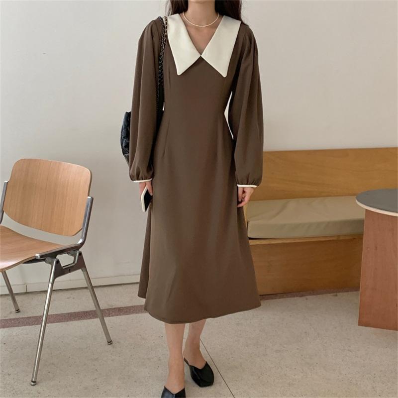 

Casual Dresses Lapel Office Wear Maxi Dress Slim 2021 Puff Sleeve Chic Women Robe Elegant Lady Autumn OL Vestidos, Black;gray
