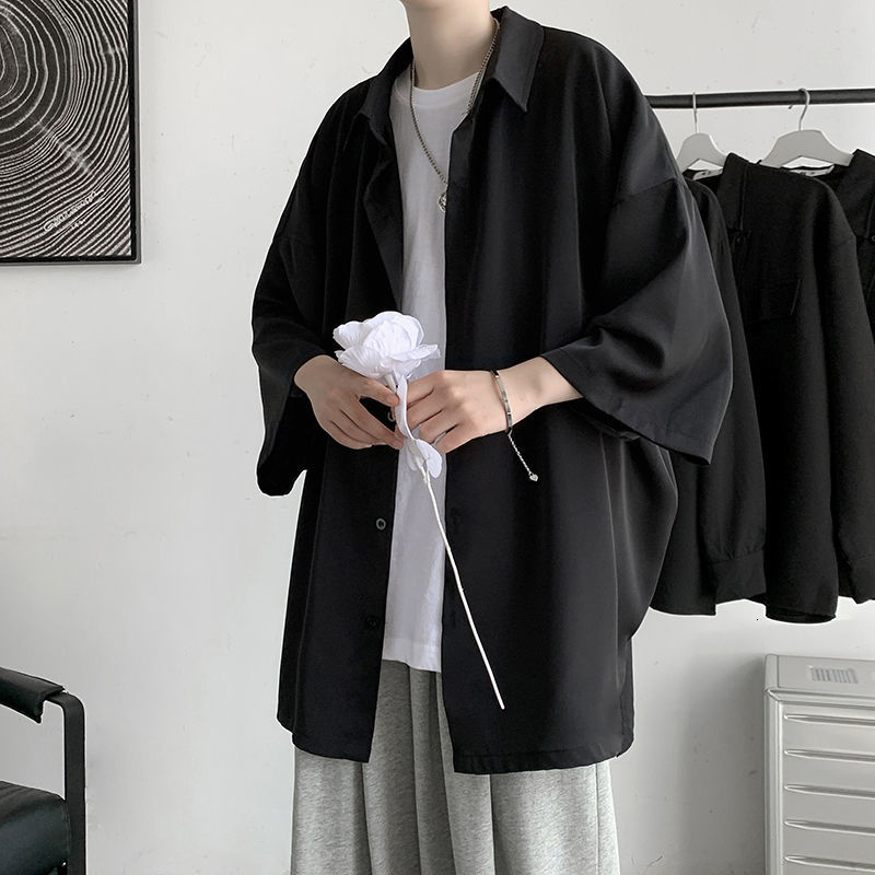 

Fashion Casual Men Shirts Solid Color Male Tops Loose Harajuku Women Clothes Three Quarter Sleeve, Beige